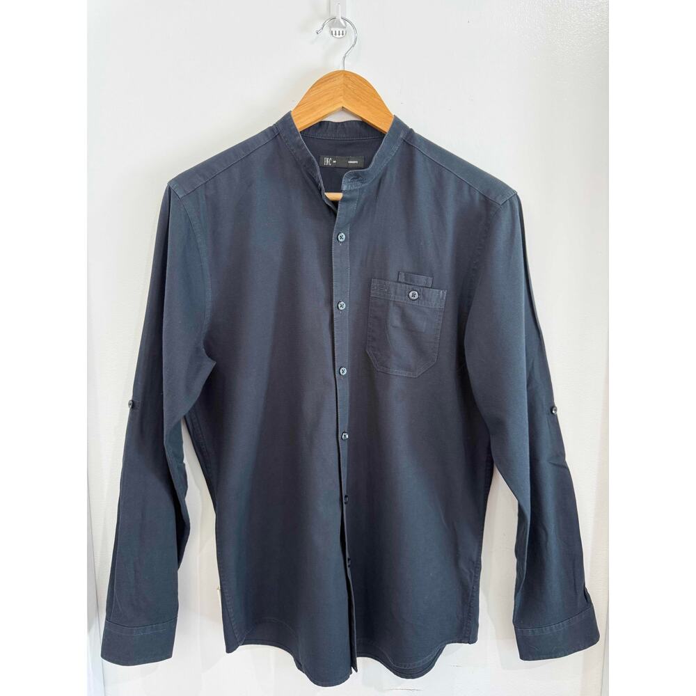 INC Int'l Concepts Men’s Sm Navy Blue Textured Cotton Band Collar Roll Tab Shirt